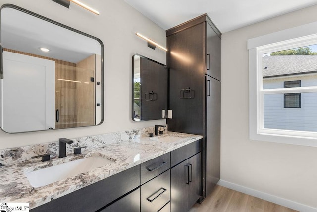 bathroom with vanity, an enclosed shower, and hardwood / wood-style flooring