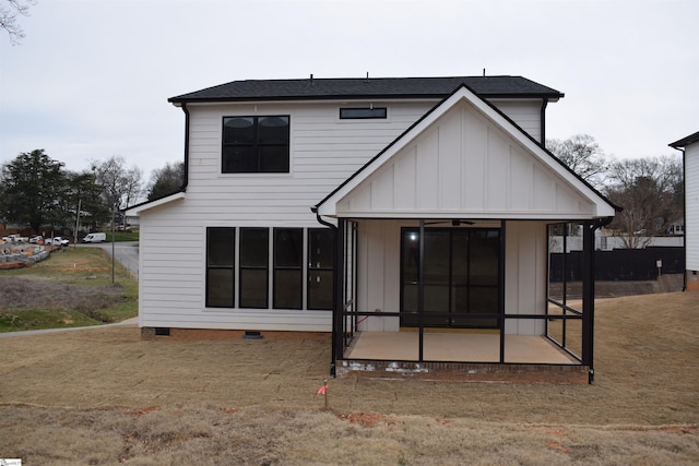 123 Jackson St, Greer, SC 29650 - back of house featuring a sunroom, board and batten siding, and crawl space