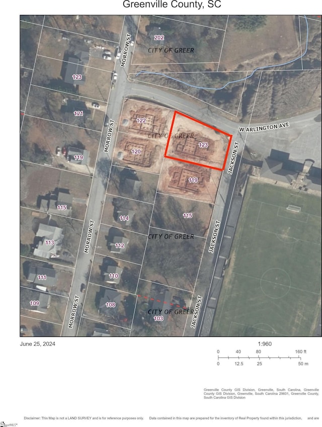 123 Jackson St, Greer, SC 29650 - aerial view of property's location with property parcel outlined