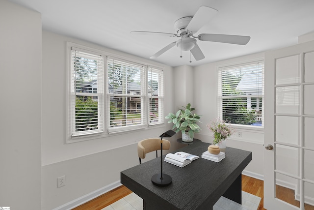 office area with ceiling fan, light hardwood / wood-style floors, and a wealth of natural light