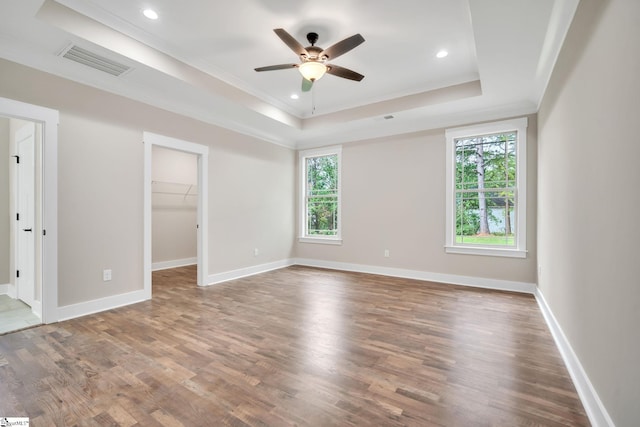 spare room with a raised ceiling, hardwood / wood-style floors, and plenty of natural light