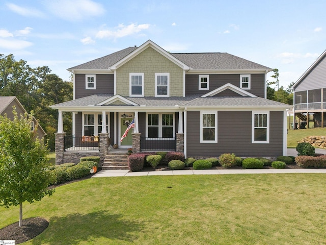 craftsman-style house with a front yard and covered porch