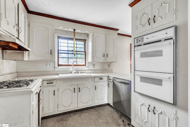 kitchen with white cabinets, ornamental molding, sink, and white appliances