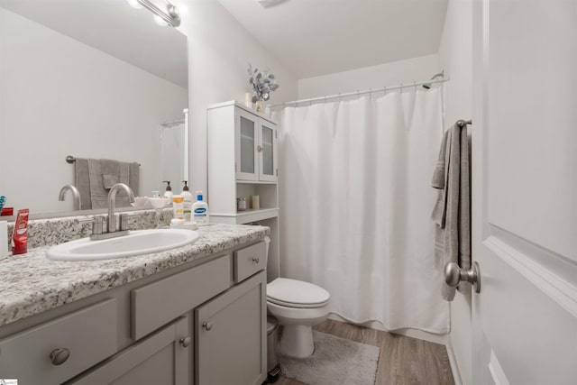 bathroom with vanity, walk in shower, toilet, and wood-type flooring