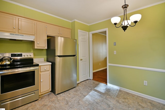 kitchen with stainless steel appliances, ornamental molding, light brown cabinets, and decorative light fixtures