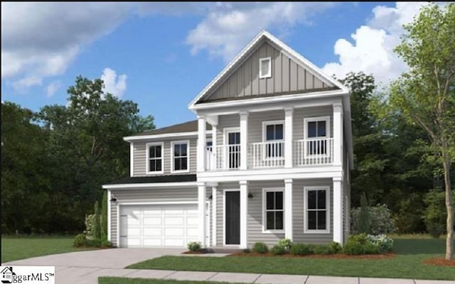 view of front facade with a garage, a front yard, and a balcony