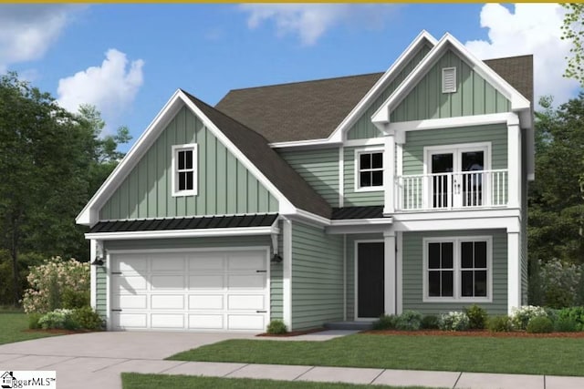 view of front facade with a front yard, a garage, and a balcony