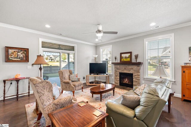 living room featuring a stone fireplace, a textured ceiling, plenty of natural light, and dark hardwood / wood-style flooring