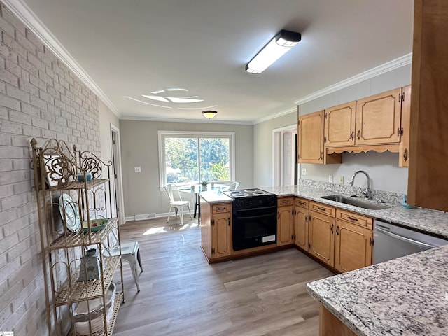 kitchen featuring sink, black range with electric cooktop, stainless steel dishwasher, kitchen peninsula, and light hardwood / wood-style floors