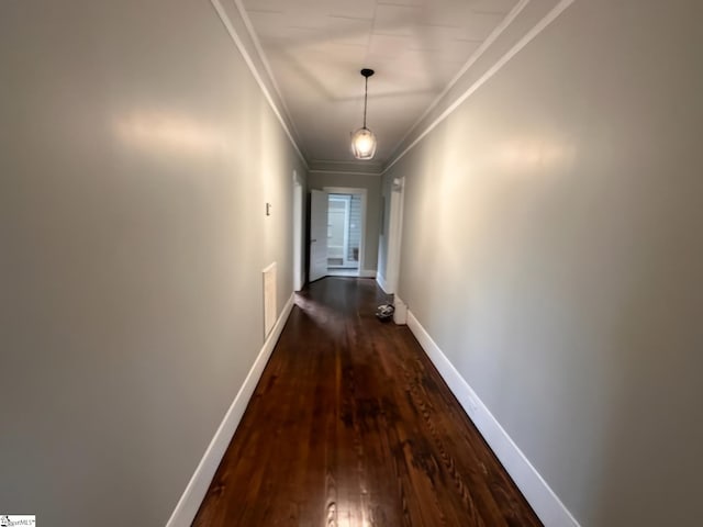 hall featuring crown molding and dark hardwood / wood-style flooring