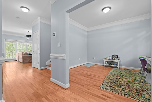 interior space with ceiling fan and light hardwood / wood-style floors