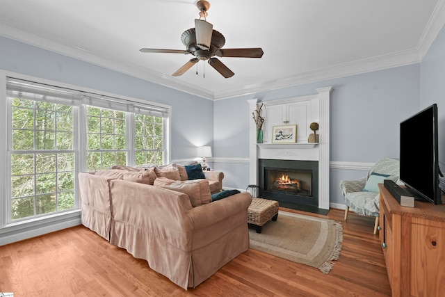 living room with a large fireplace, wood-type flooring, crown molding, and ceiling fan