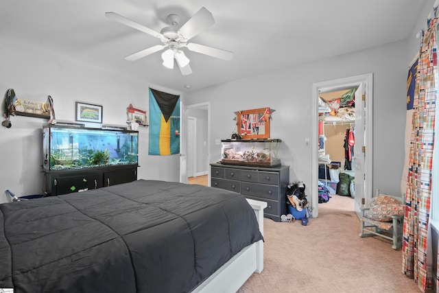 bedroom with light carpet, a spacious closet, ceiling fan, and a closet