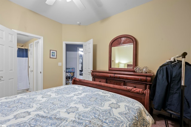 carpeted bedroom featuring ceiling fan