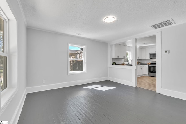 unfurnished living room with dark hardwood / wood-style flooring, sink, a textured ceiling, and ornamental molding