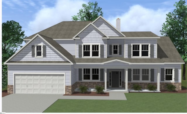 craftsman-style house with stone siding, driveway, a chimney, and a front yard