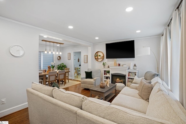 living room featuring ornamental molding and dark wood-type flooring