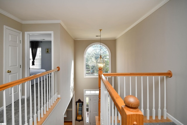 hallway with a notable chandelier and crown molding