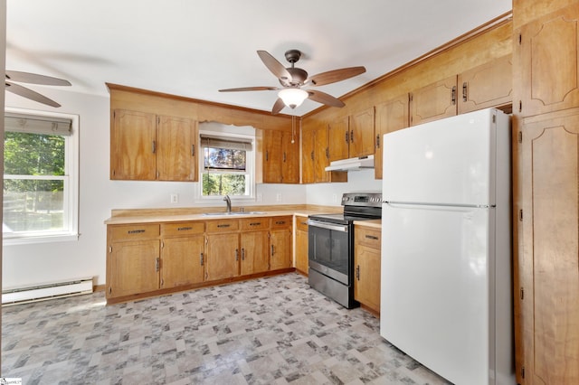 kitchen featuring ceiling fan, sink, baseboard heating, stainless steel electric stove, and white fridge