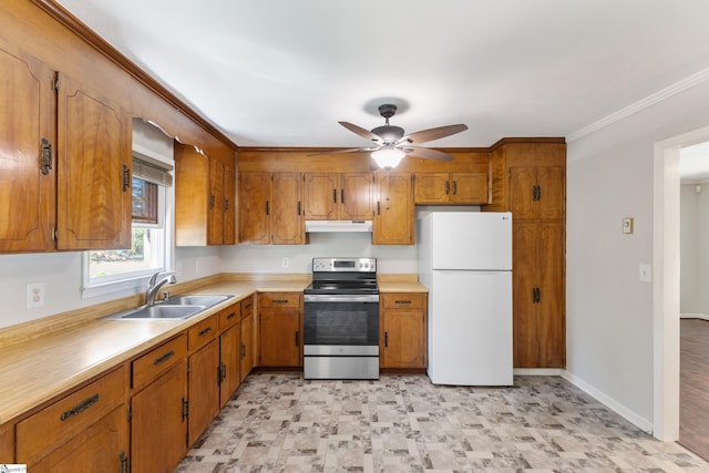 kitchen with ceiling fan, white refrigerator, sink, ornamental molding, and stainless steel range with electric stovetop