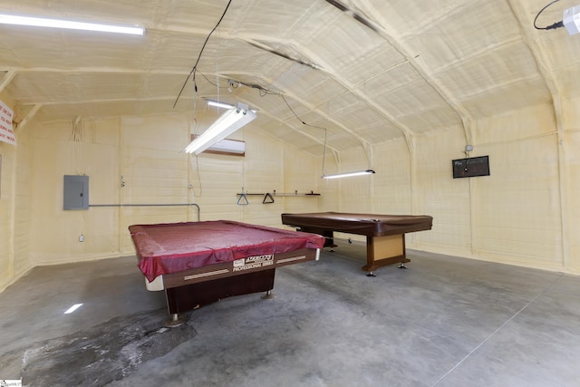 game room with electric panel, billiards, vaulted ceiling, and concrete floors