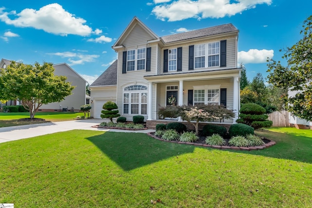 view of front of home with a front yard and a garage