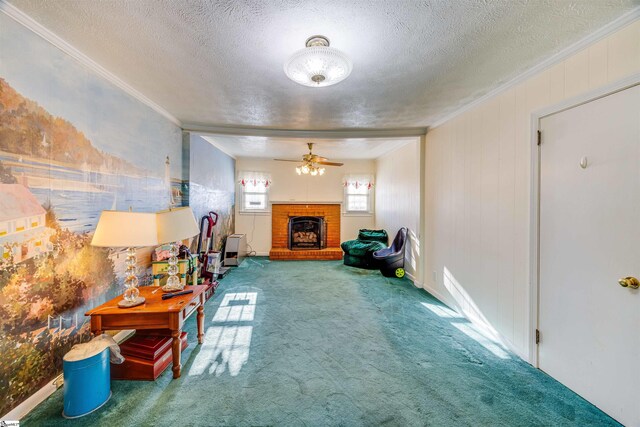 corridor with ornamental molding, a textured ceiling, and carpet flooring