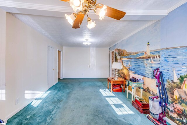 interior space featuring crown molding, ceiling fan, carpet, and a textured ceiling