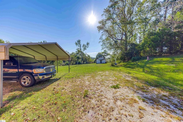 view of yard featuring a carport and a storage shed