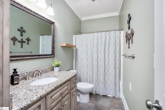 full bathroom with vanity, tile patterned floors, crown molding, toilet, and shower / tub combo with curtain