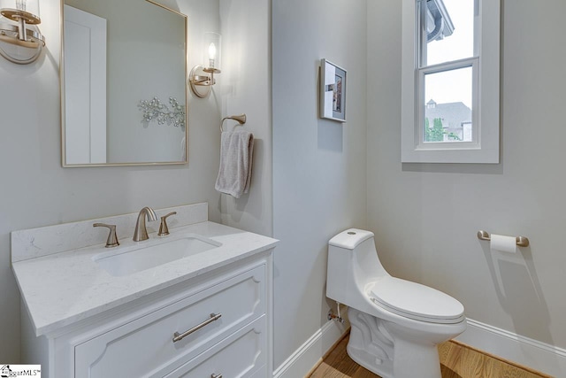 bathroom featuring vanity, toilet, and hardwood / wood-style flooring