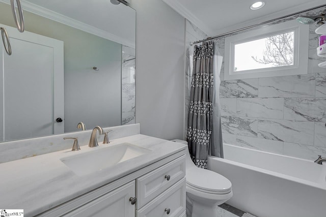 full bathroom featuring ornamental molding, vanity, toilet, and shower / tub combo with curtain