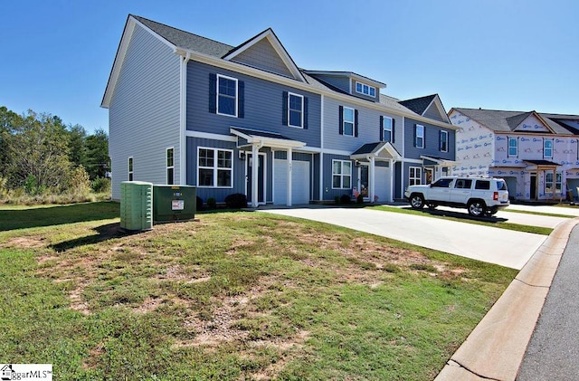 townhome / multi-family property featuring a front yard, a garage, and central air condition unit