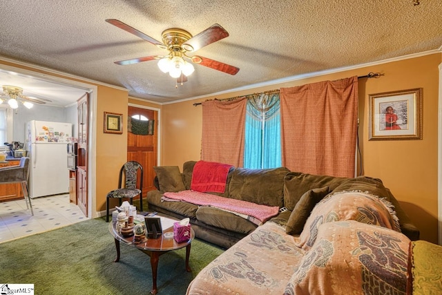 living room with light colored carpet, crown molding, ceiling fan, and a textured ceiling