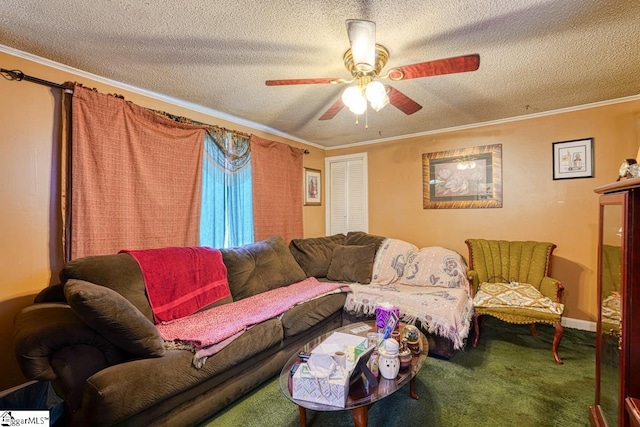 living room featuring crown molding, ceiling fan, carpet, and a textured ceiling