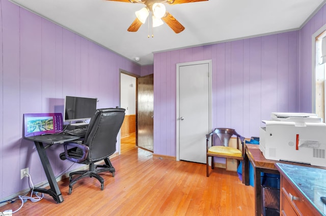 home office with ceiling fan, light hardwood / wood-style floors, and wooden walls