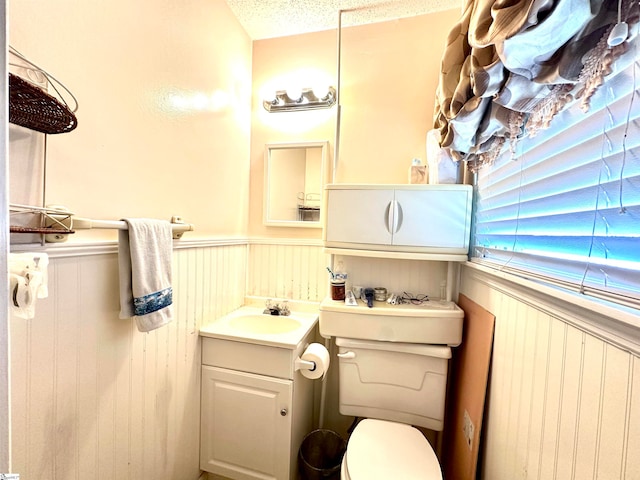 bathroom with vanity, wooden walls, toilet, and a textured ceiling