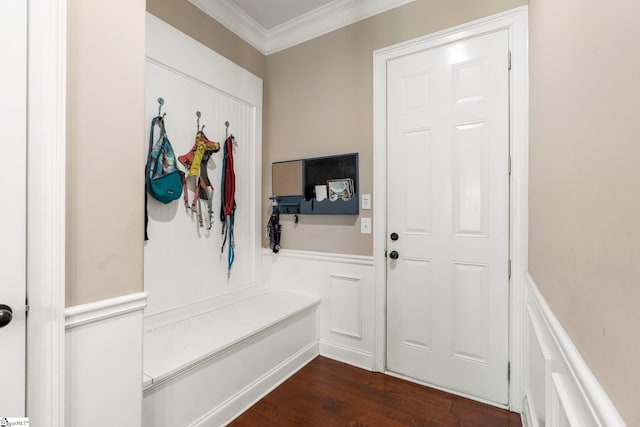 mudroom with dark hardwood / wood-style floors and crown molding