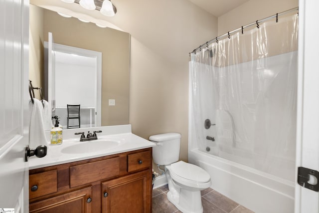 full bathroom featuring vanity, toilet, shower / bathtub combination with curtain, and tile patterned floors