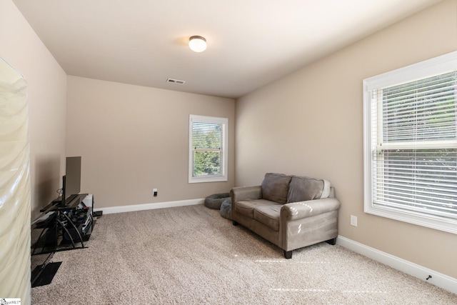 sitting room featuring light carpet