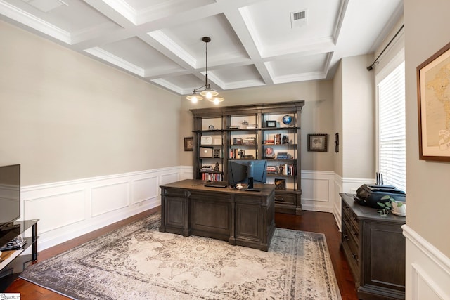 home office featuring coffered ceiling, beamed ceiling, dark hardwood / wood-style floors, and a notable chandelier