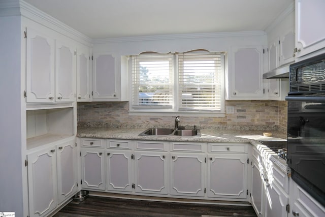 kitchen featuring white cabinetry, backsplash, dark wood-type flooring, and sink