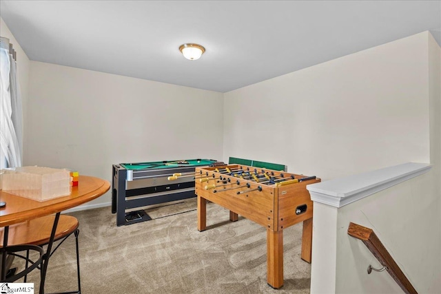 rec room with light carpet