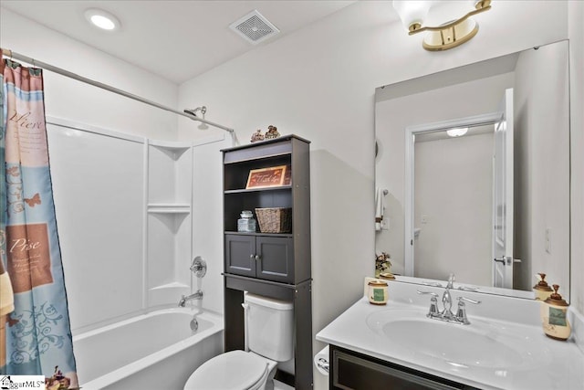 full bathroom with shower / bath combination with curtain, vanity, and toilet