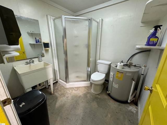 bathroom with toilet, concrete floors, walk in shower, sink, and water heater