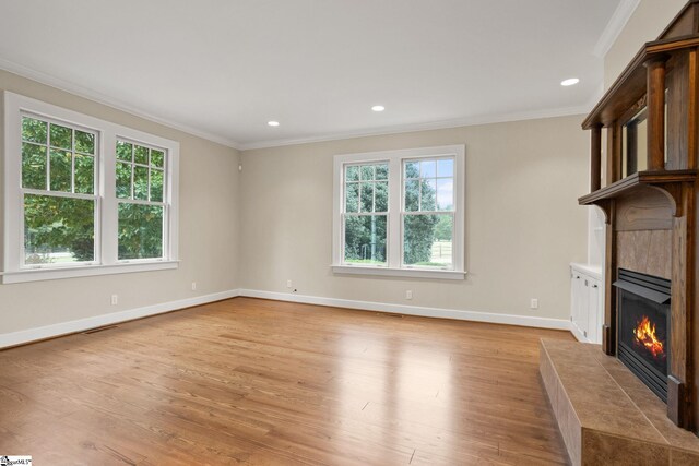 10490 New Cut Rd, Campobello, SC 29322 - unfurnished living room featuring crown molding, baseboards, light wood-style floors, a fireplace, and recessed lighting