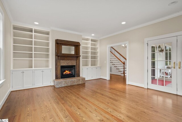 10490 New Cut Rd, Campobello, SC 29322 - unfurnished living room featuring light wood-type flooring, stairway, ornamental molding, baseboards, and recessed lighting
