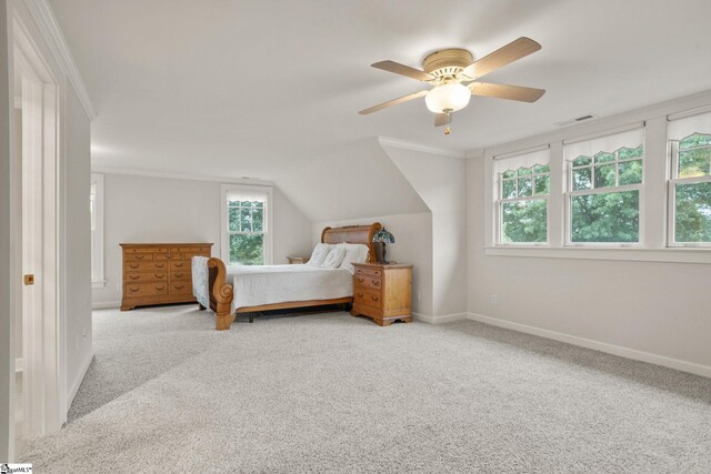 10490 New Cut Rd, Campobello, SC 29322 - carpeted bedroom featuring baseboards, ceiling fan, ornamental molding, and vaulted ceiling