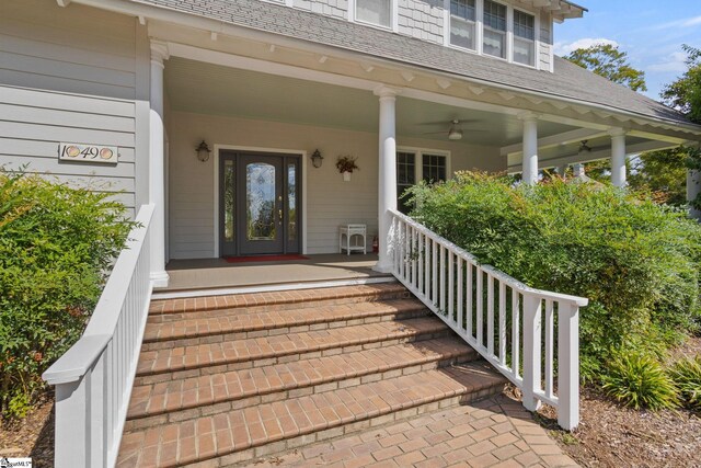 10490 New Cut Rd, Campobello, SC 29322 - property entrance featuring covered porch, roof with shingles, and a ceiling fan