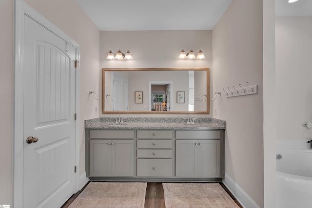 bathroom with a bath, hardwood / wood-style flooring, and vanity